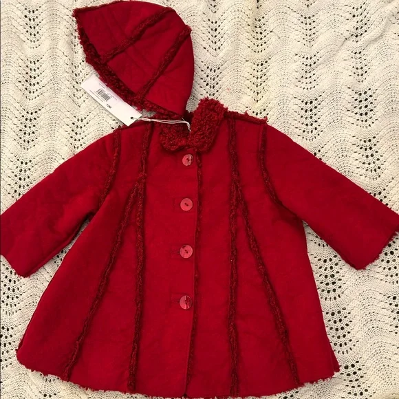 NWT Jean Bourget Cranberry Faux Suede Fleece Lined Girls Coat & Hat Sz 9 mo - Picture 1 of 11